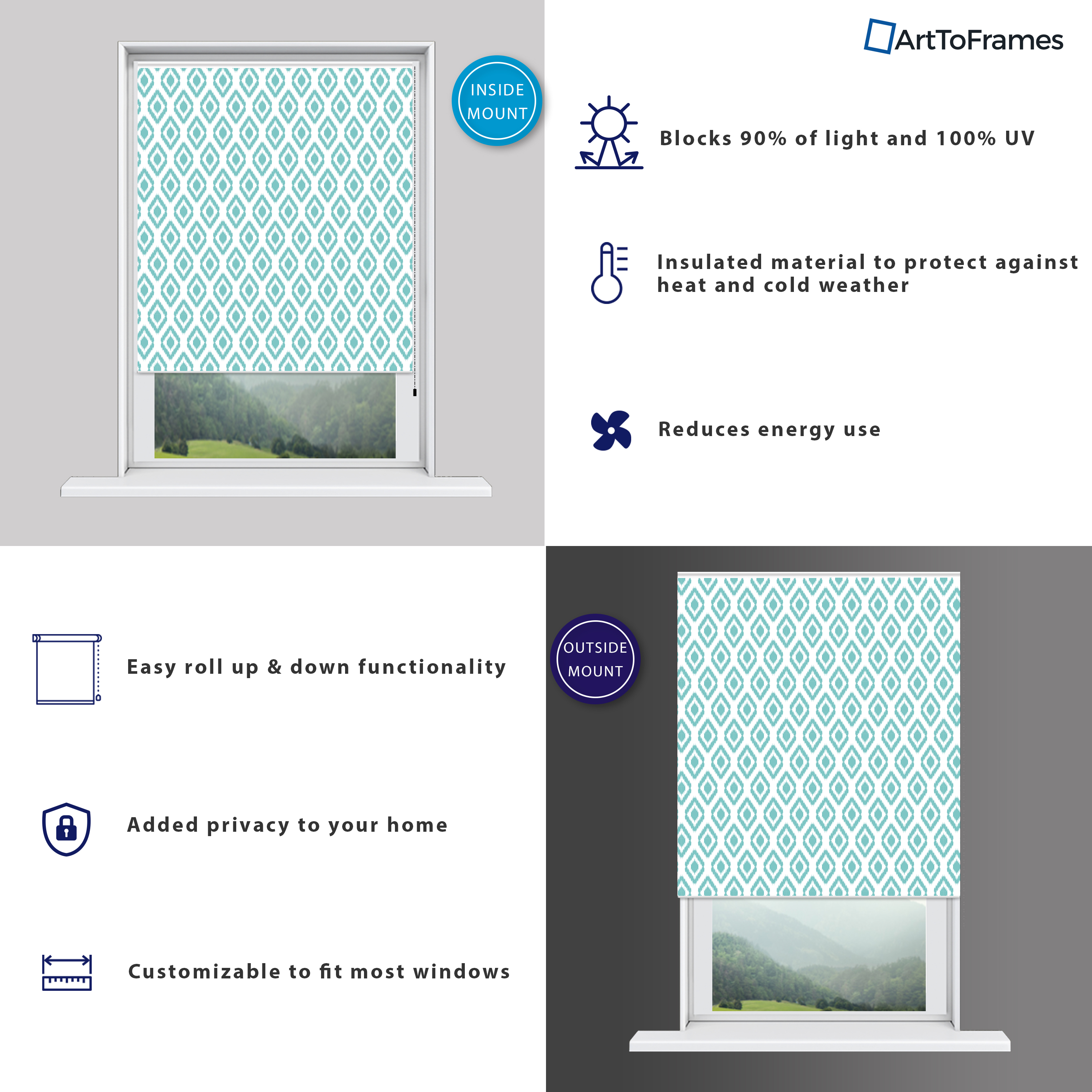 ArtToFrames Custom Window Shade - Blackout Ikat Light Blue Design Reversed Roll - Picture 26 of 888